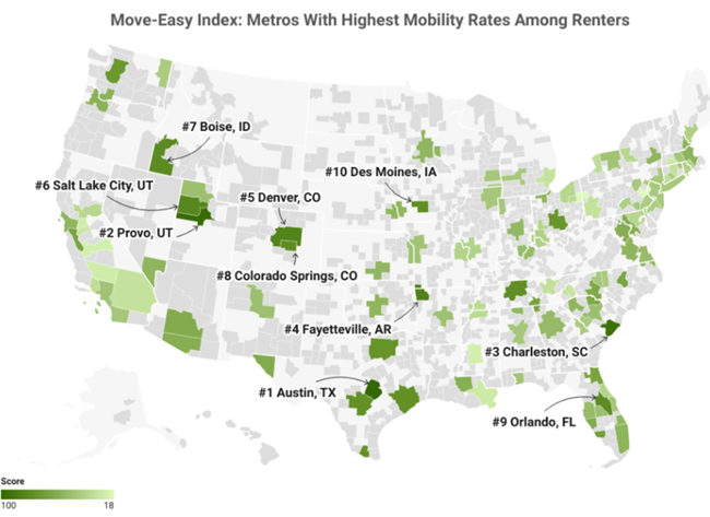Nationwide, renters who move to a different apartment within their area in under  two years represent 38% of all apartment renters on the move